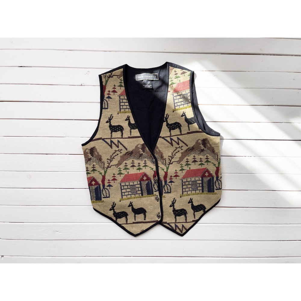tapestry vest 90s vintage New Identity deer mountain novelty print‎ woven vest